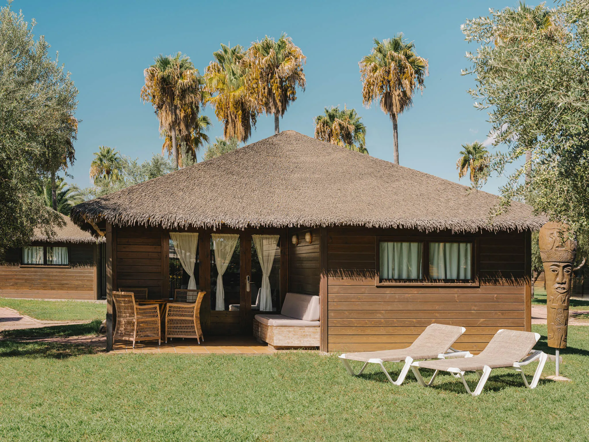 Wooden bungalow accommodation with palm trees
